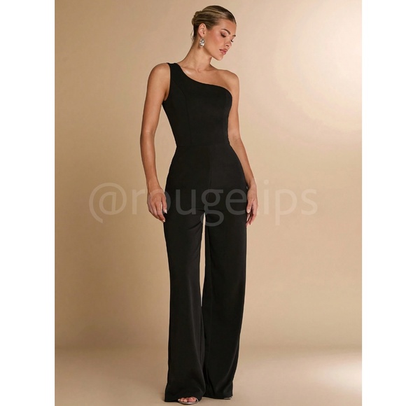 One Shoulder Black Elegant Jumpsuit High Waisted Long Wide Leg - Picture 4 of 7